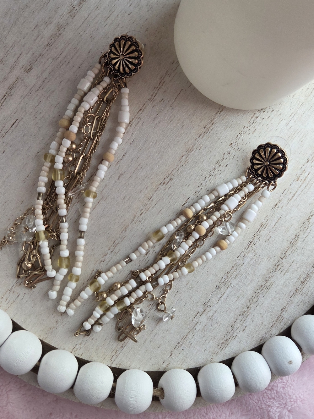 Delicate White & Cream Beaded Dangle Earrings